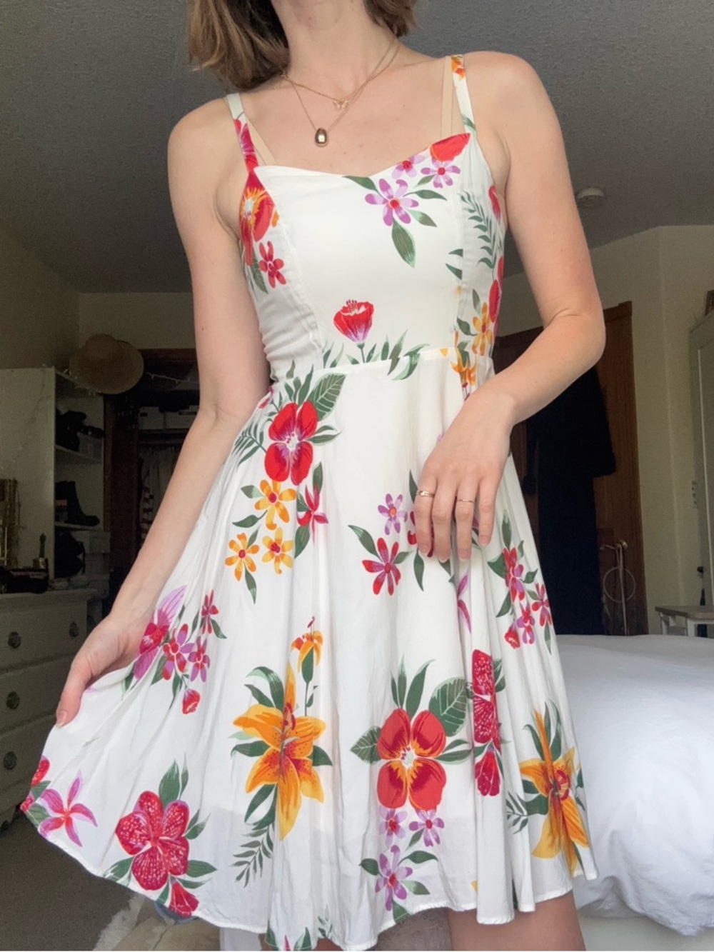 old navy white tropical floral print sweetheart neckline cami a-line dress